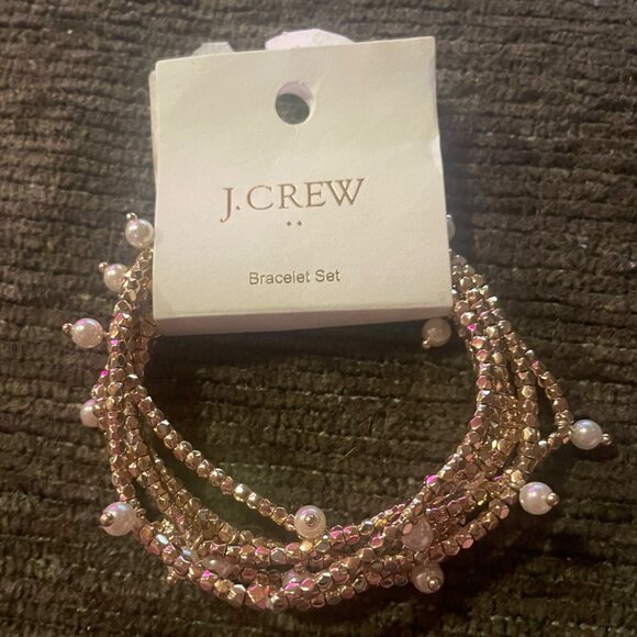 J.Crew Factory Gold and Pearl Stretch Bracelets Set-of-Six Elastic CA314 - Picture 2 of 5